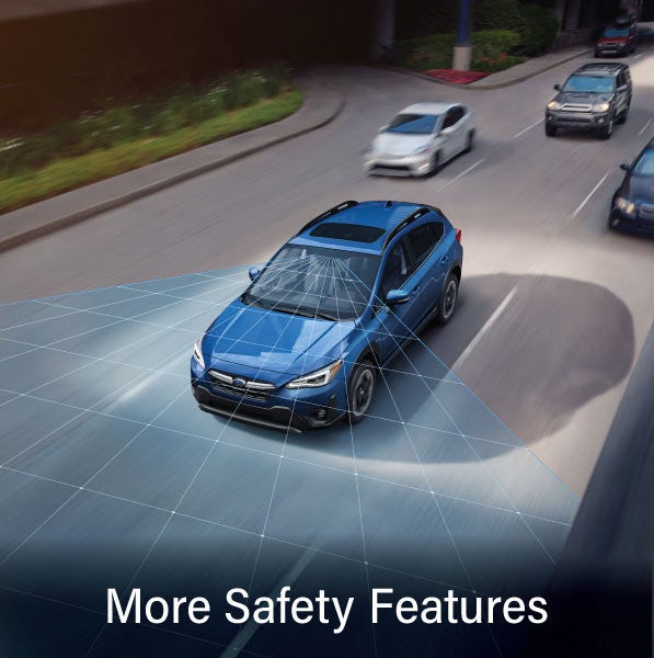 A Subaru Crosstrek in blue with the words “More Safety Features“. | Five Star Subaru in Grapevine TX