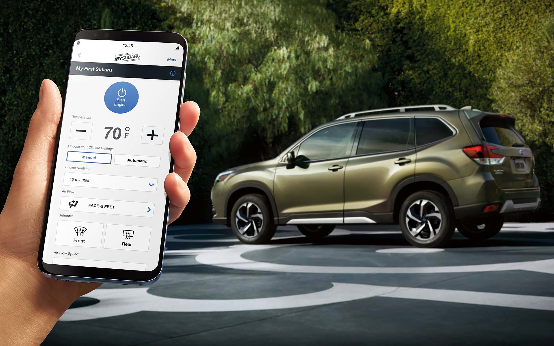 A close-up of a phone showing the Remote Engine Start with Climate Control feature of SUBARU STARLINK® Safety and Security available on the 2022 Forester. | Five Star Subaru in Grapevine TX
