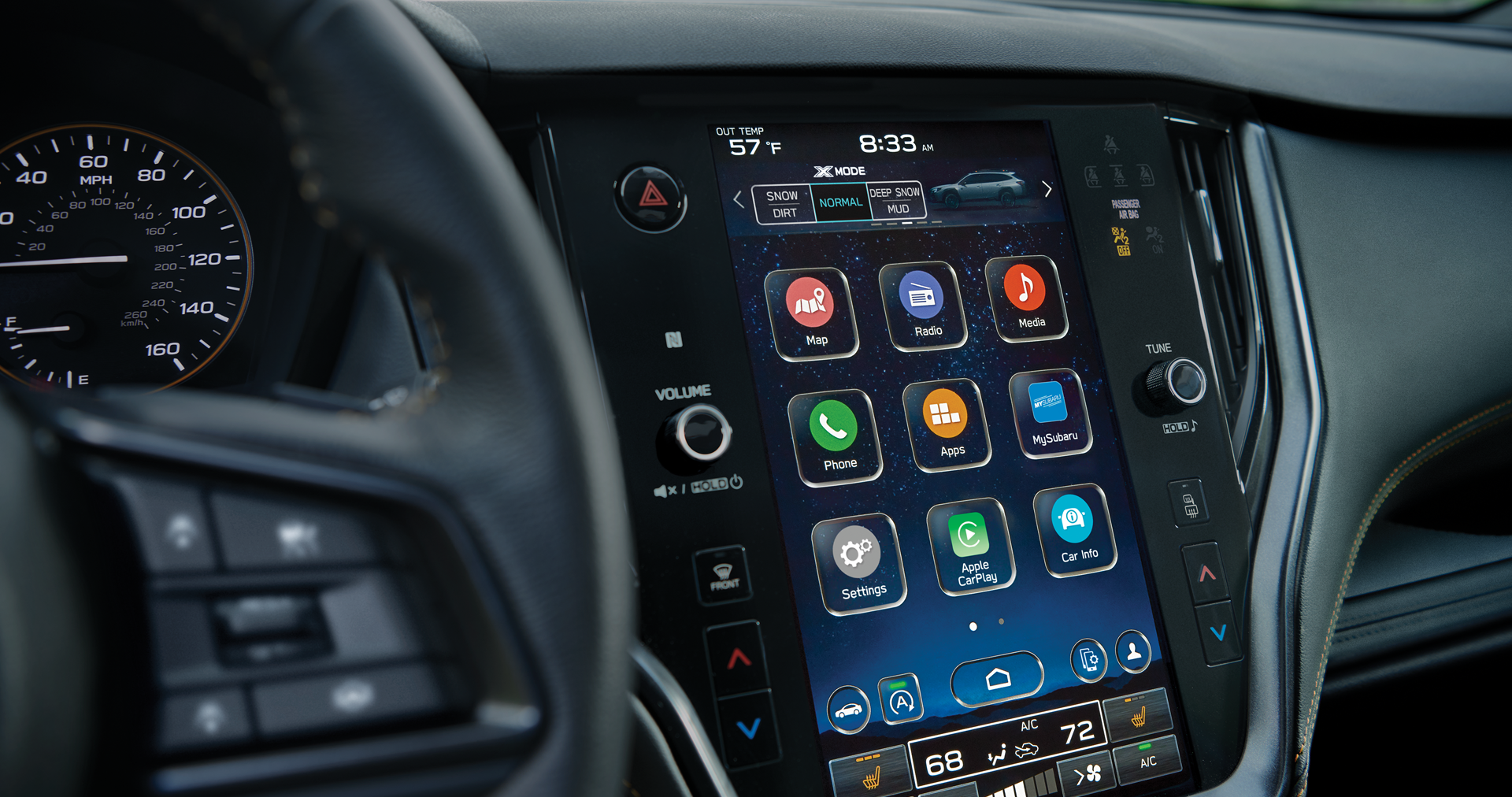 A close-up of the 11.6-inch touchscreen for the STARLINK Multimedia system on the 2023 Outback Wilderness. | Five Star Subaru in Grapevine TX