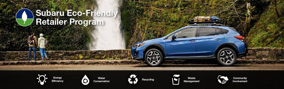 The Subaru Eco-Friendly Retailer Program logo with a blue Subaru and eco icons at bottom. | Five Star Subaru in Grapevine TX