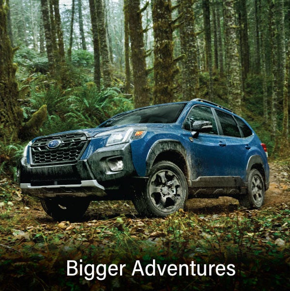 A blue Subaru outback wilderness with the words “Bigger Adventures“. | Five Star Subaru in Grapevine TX